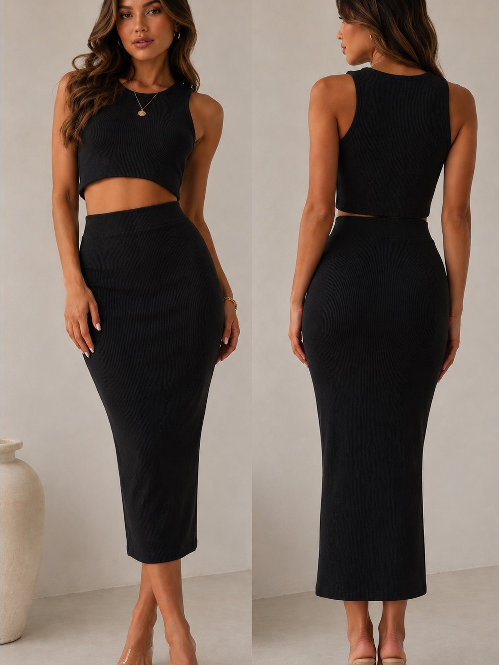 Black Ribbed High-Waist Pencil Skirt